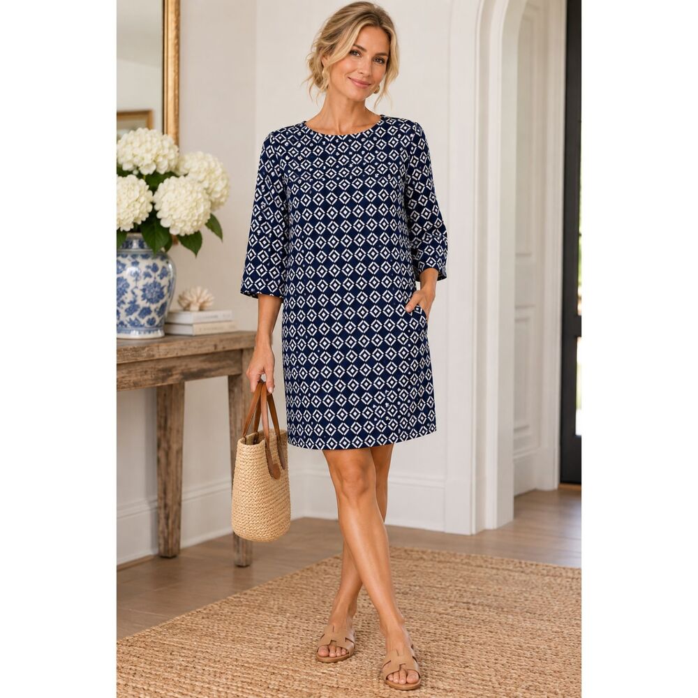 Weston Dress Blue & White Geometric Print Size Medium Petite